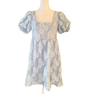 Topshop Blue Floral Embroidered Puff Sleeve Mini Dress Size 8